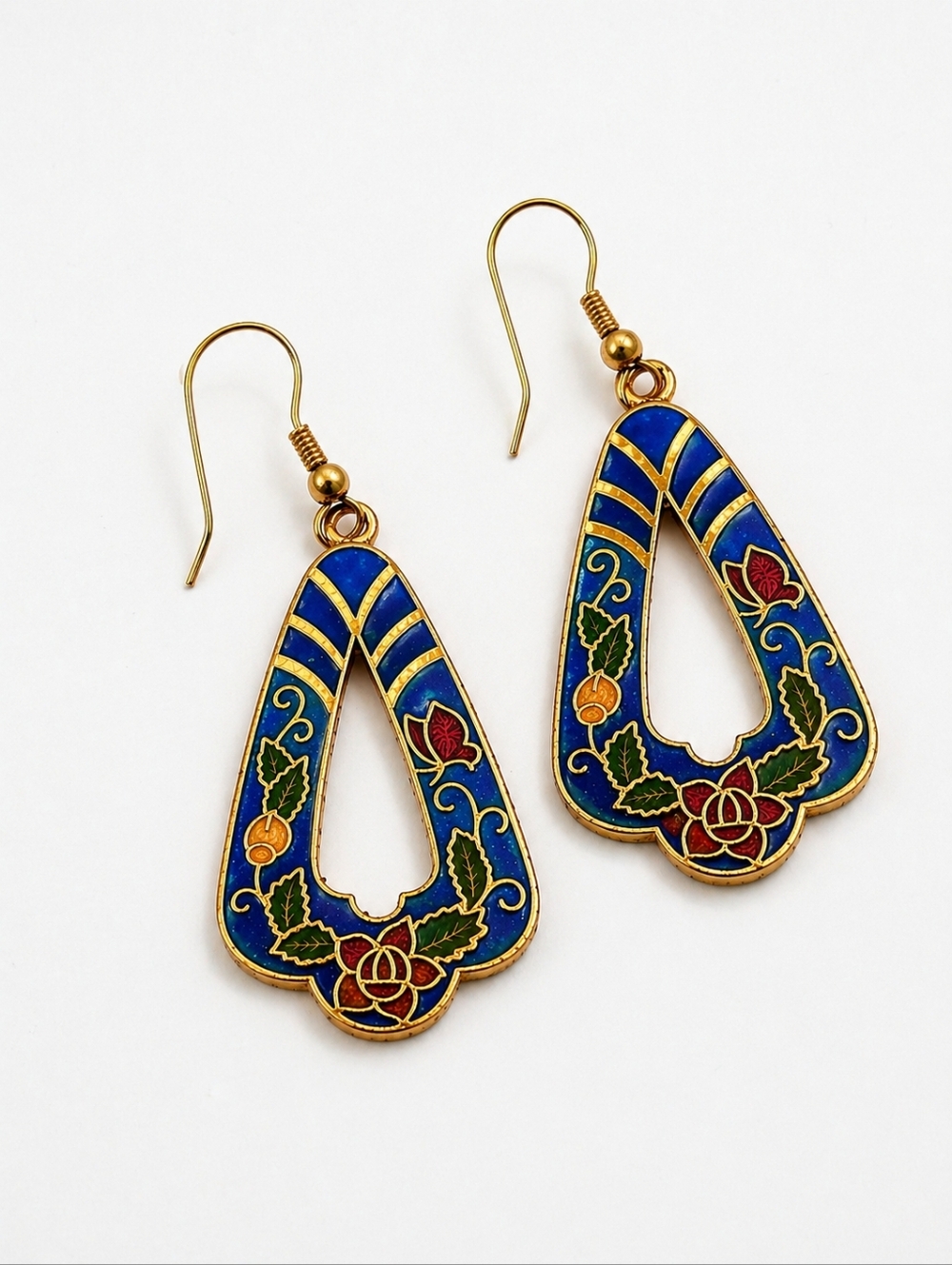 Vintage Cloisonné Blue Enamel Floral Drop Earrings Gold Tone Teardrop